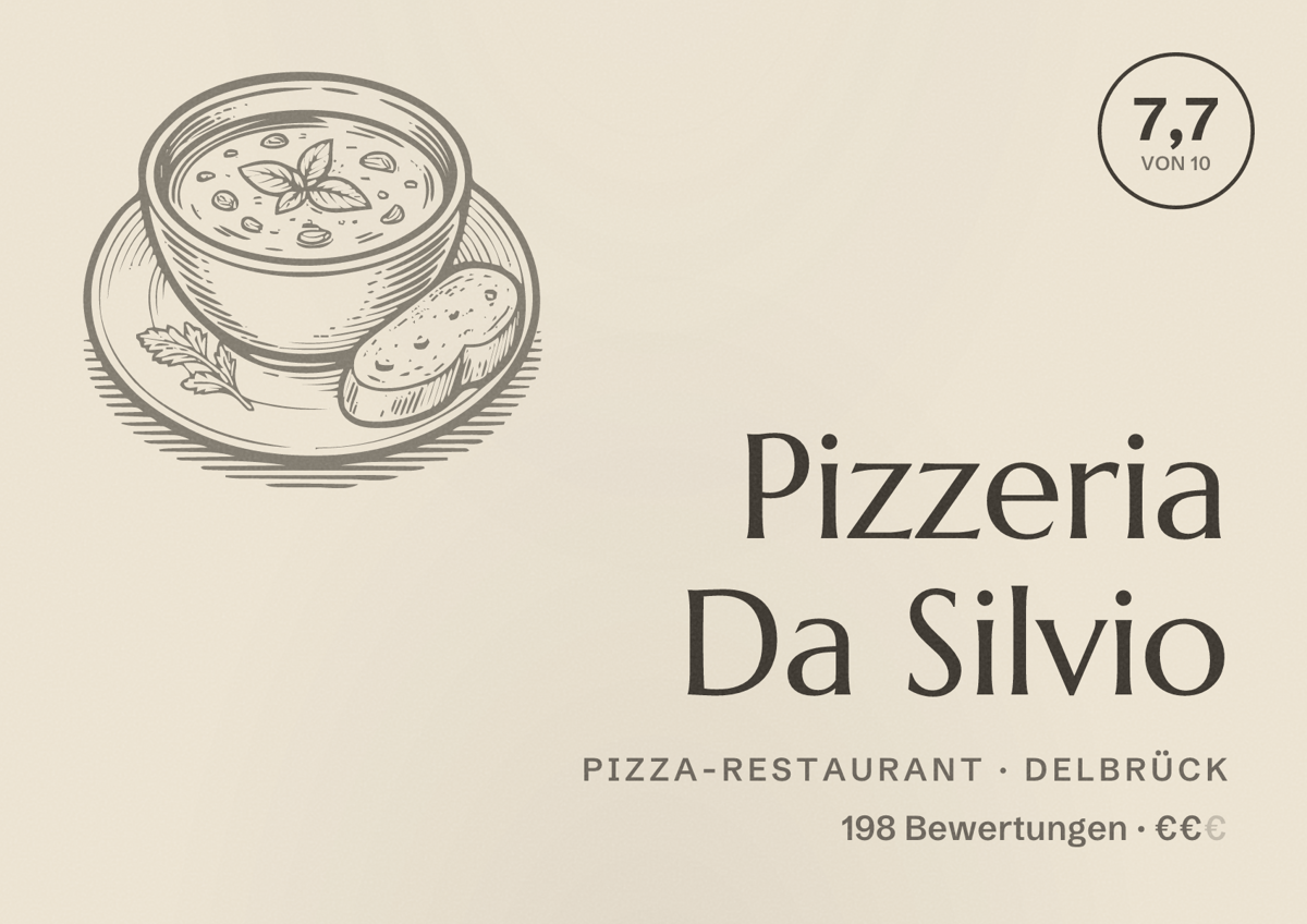 Illustriertes Poster von Pizzeria Da Silvio, Pizza-Restaurant in Delbrück: Bewertung 7,7 von 10 aus 198 Bewertungen, Preisniveau €€