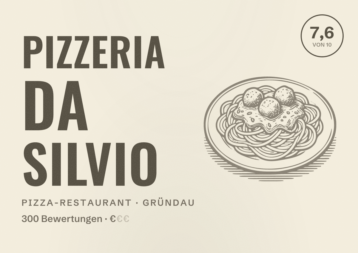 Illustriertes Poster von Pizzeria Da Silvio, Pizza-Restaurant in Gründau: Bewertung 7,6 von 10 aus 300 Bewertungen, Preisniveau €