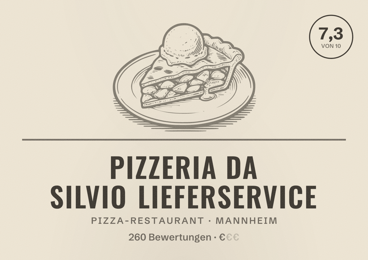 Illustriertes Poster von Pizzeria Da Silvio Lieferservice, Pizza-Restaurant in Mannheim: Bewertung 7,3 von 10 aus 260 Bewertungen, Preisniveau €