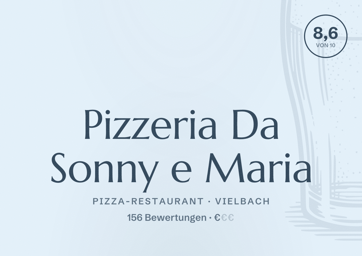 Illustriertes Poster von Pizzeria Da Sonny e Maria, Pizza-Restaurant in Vielbach: Bewertung 8,6 von 10 aus 156 Bewertungen, Preisniveau €