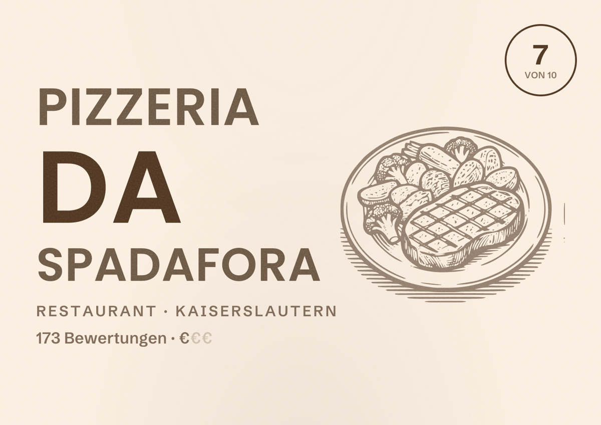 Illustriertes Poster von Pizzeria Da Spadafora, Restaurant in Kaiserslautern: Bewertung 7 von 10 aus 173 Bewertungen, Preisniveau €
