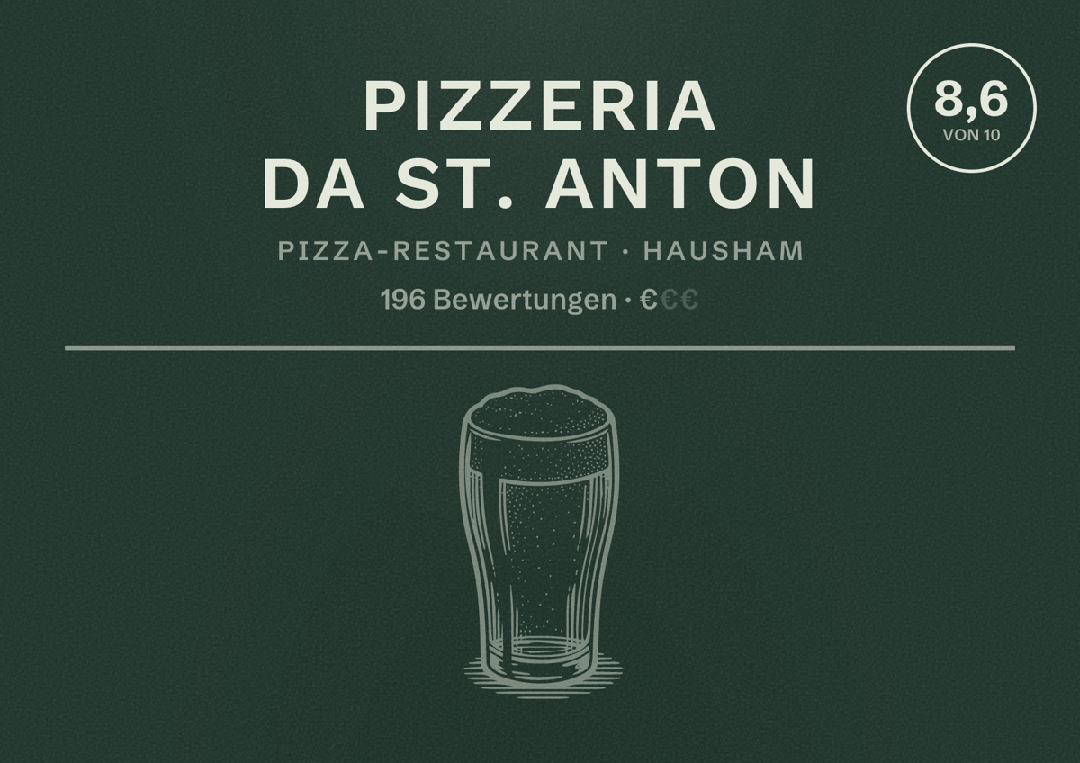Illustriertes Poster von Pizzeria da St. Anton, Pizza-Restaurant in Hausham: Bewertung 8,6 von 10 aus 196 Bewertungen, Preisniveau €