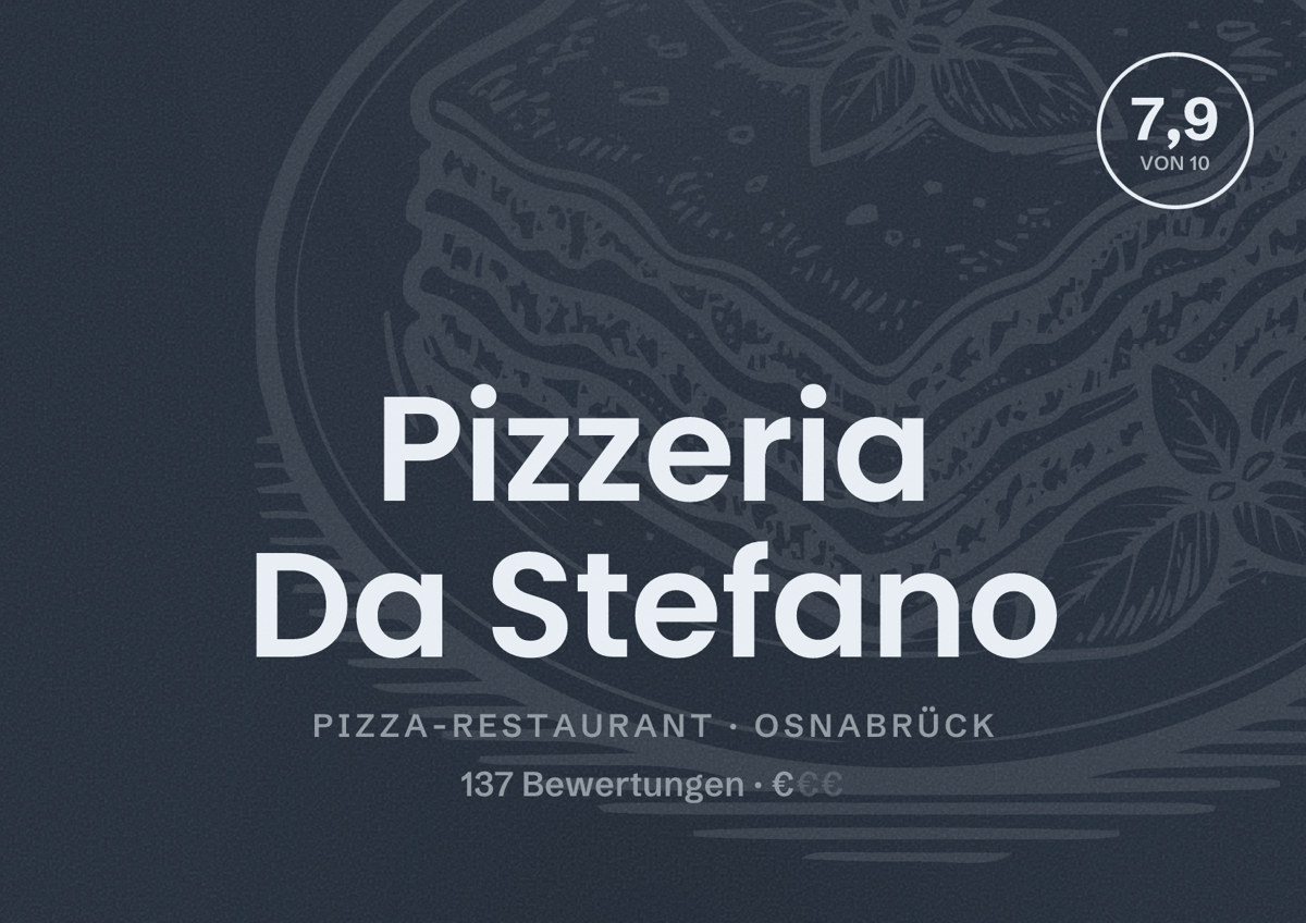 Illustriertes Poster von Pizzeria Da Stefano, Pizza-Restaurant in Osnabrück: Bewertung 7,9 von 10 aus 137 Bewertungen, Preisniveau €
