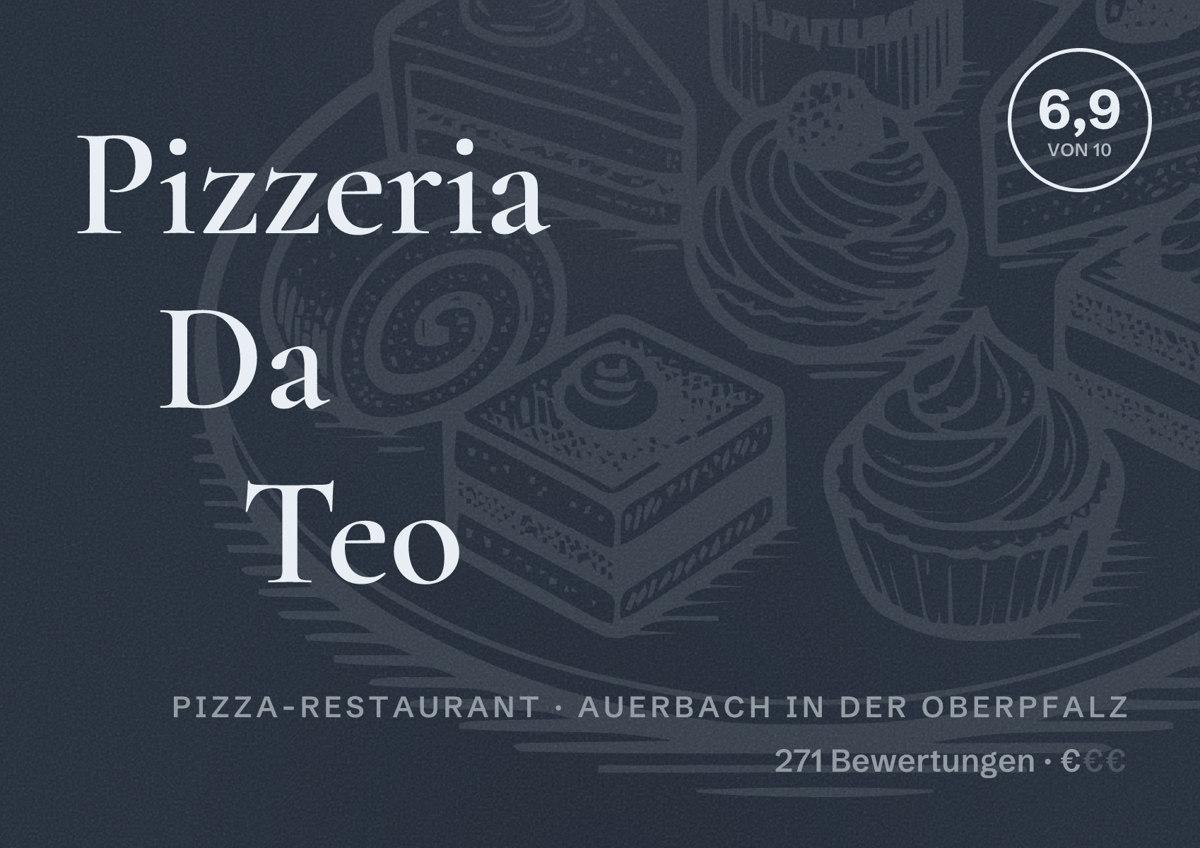 Illustriertes Poster von Pizzeria Da Teo, Pizza-Restaurant in Auerbach in der Oberpfalz: Bewertung 6,9 von 10 aus 271 Bewertungen, Preisniveau €