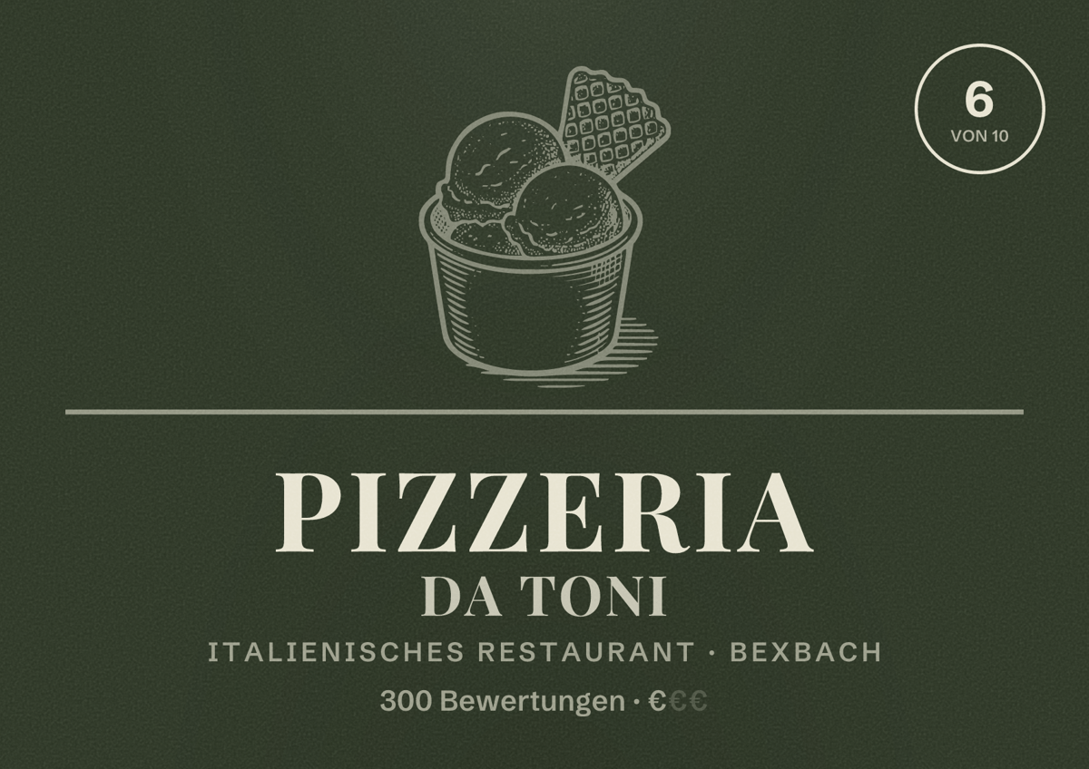 Illustriertes Poster von Pizzeria Da Toni, Italienisches Restaurant in Bexbach: Bewertung 6 von 10 aus 300 Bewertungen, Preisniveau €