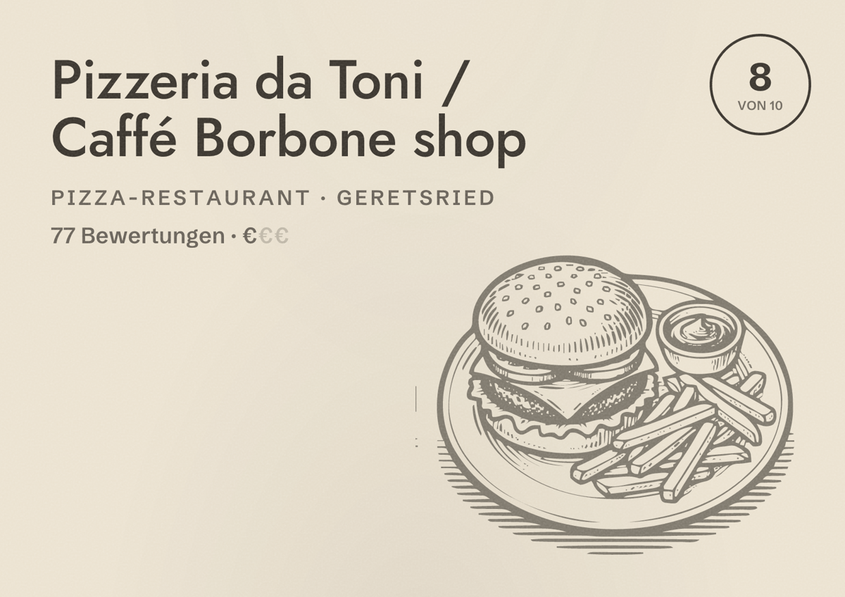 Illustriertes Poster von Pizzeria da Toni / Caffé Borbone shop, Pizza-Restaurant in Geretsried: Bewertung 8 von 10 aus 77 Bewertungen, Preisniveau €