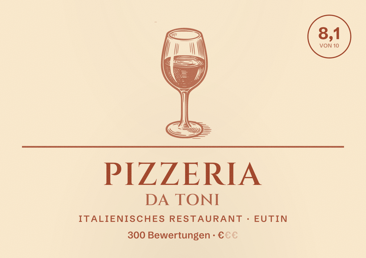 Illustriertes Poster von Pizzeria Da Toni, Italienisches Restaurant in Eutin: Bewertung 8,1 von 10 aus 300 Bewertungen, Preisniveau €