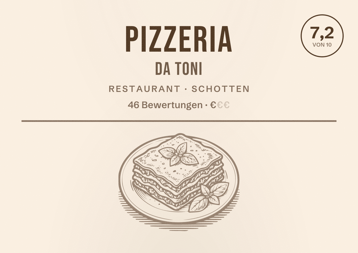 Illustriertes Poster von Pizzeria Da Toni, Restaurant in Schotten: Bewertung 7,2 von 10 aus 46 Bewertungen, Preisniveau €