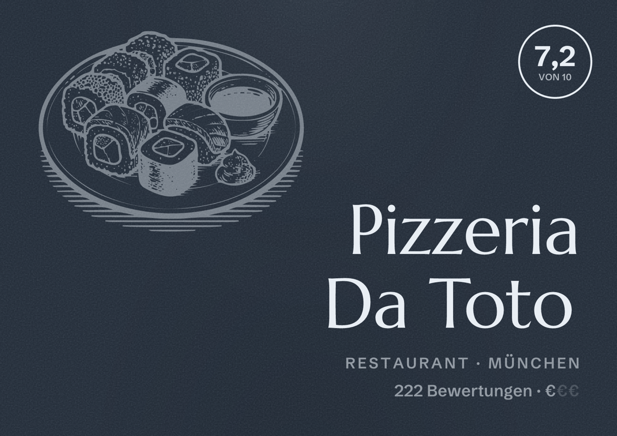 Illustriertes Poster von Pizzeria Da Toto, Restaurant in München: Bewertung 7,2 von 10 aus 222 Bewertungen, Preisniveau €
