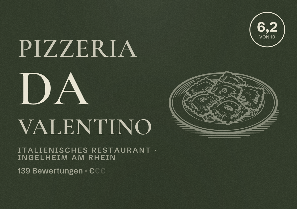 Illustriertes Poster von Pizzeria da Valentino, Italienisches Restaurant in Ingelheim am Rhein: Bewertung 6,2 von 10 aus 139 Bewertungen, Preisniveau €
