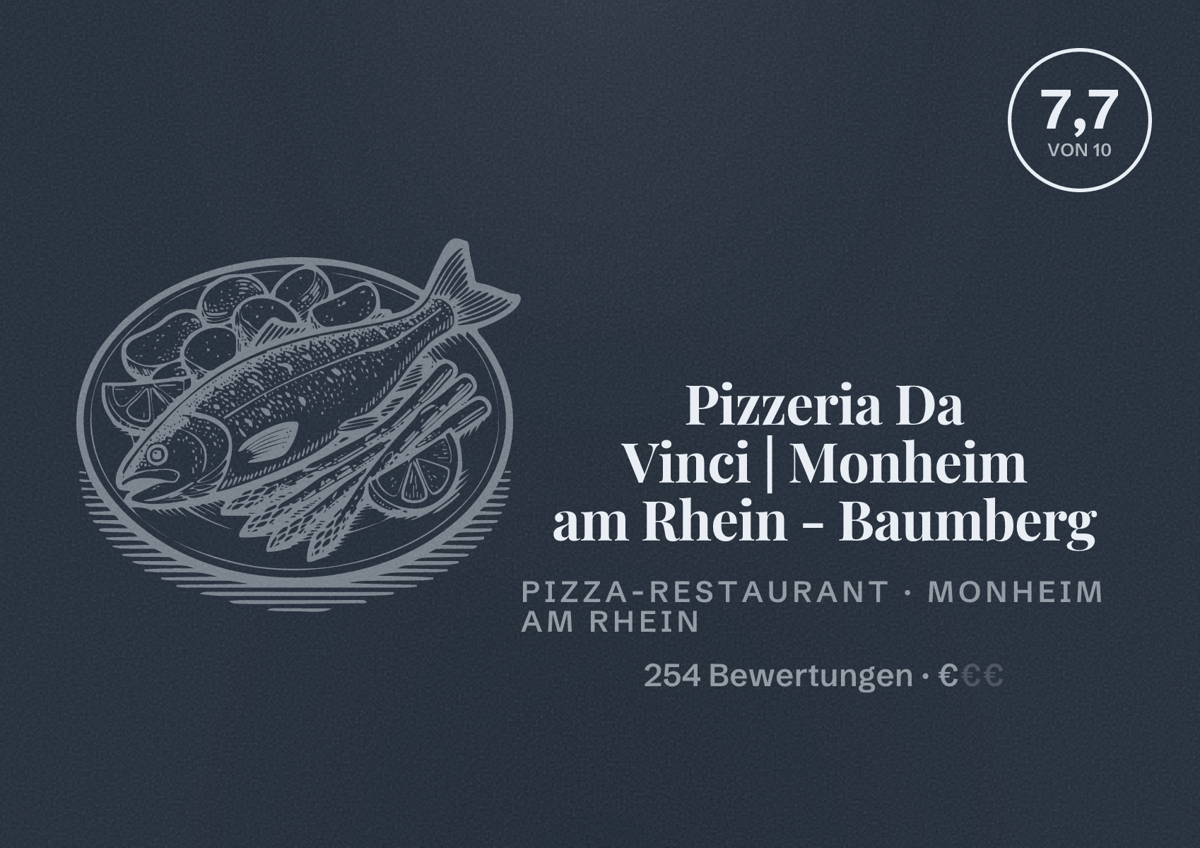 Illustriertes Poster von Pizzeria Da Vinci | Monheim am Rhein - Baumberg, Pizza-Restaurant in Monheim am Rhein: Bewertung 7,7 von 10 aus 254 Bewertungen, Preisniveau €