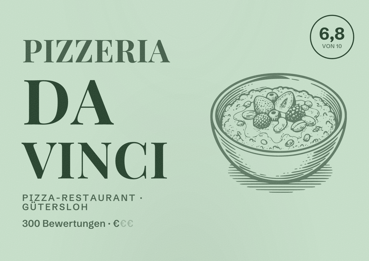 Illustriertes Poster von Pizzeria Da Vinci, Pizza-Restaurant in Gütersloh: Bewertung 6,8 von 10 aus 300 Bewertungen, Preisniveau €