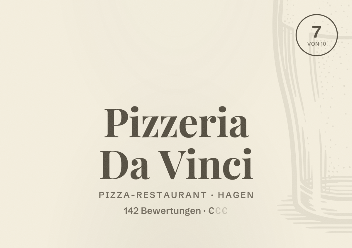 Illustriertes Poster von Pizzeria Da Vinci, Pizza-Restaurant in Hagen: Bewertung 7 von 10 aus 142 Bewertungen, Preisniveau €