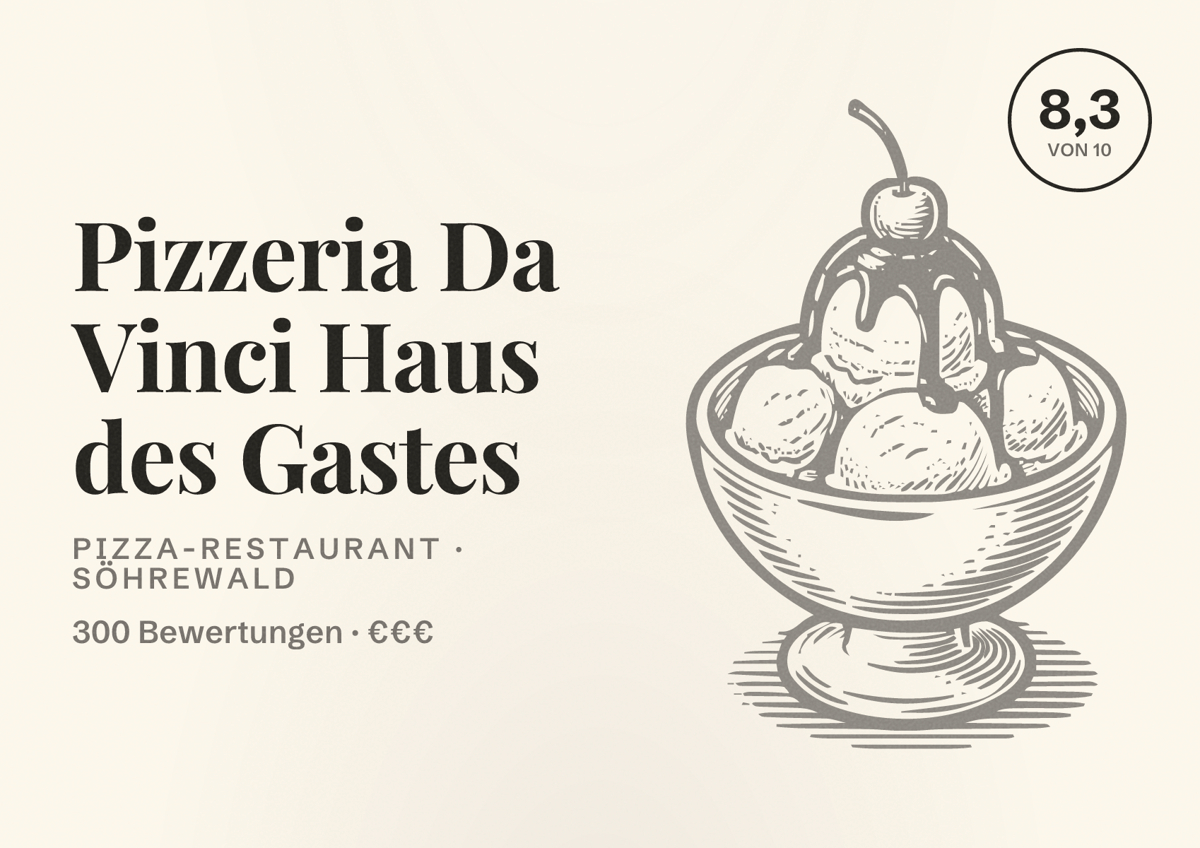 Illustriertes Poster von Pizzeria Da Vinci Haus des Gastes, Pizza-Restaurant in Söhrewald: Bewertung 8,3 von 10 aus 300 Bewertungen, Preisniveau €€€