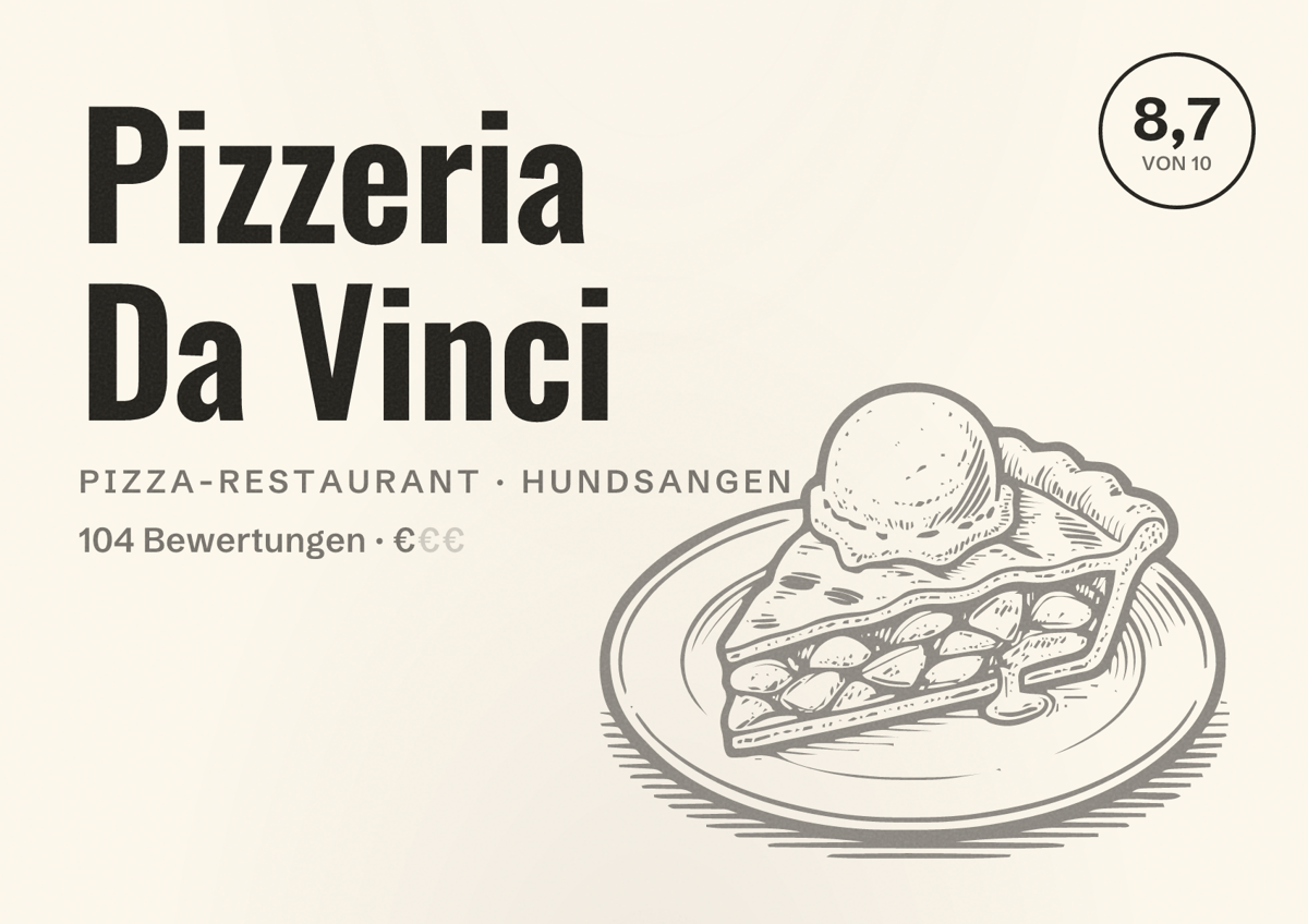 Illustriertes Poster von Pizzeria Da Vinci, Pizza-Restaurant in Hundsangen: Bewertung 8,7 von 10 aus 104 Bewertungen, Preisniveau €