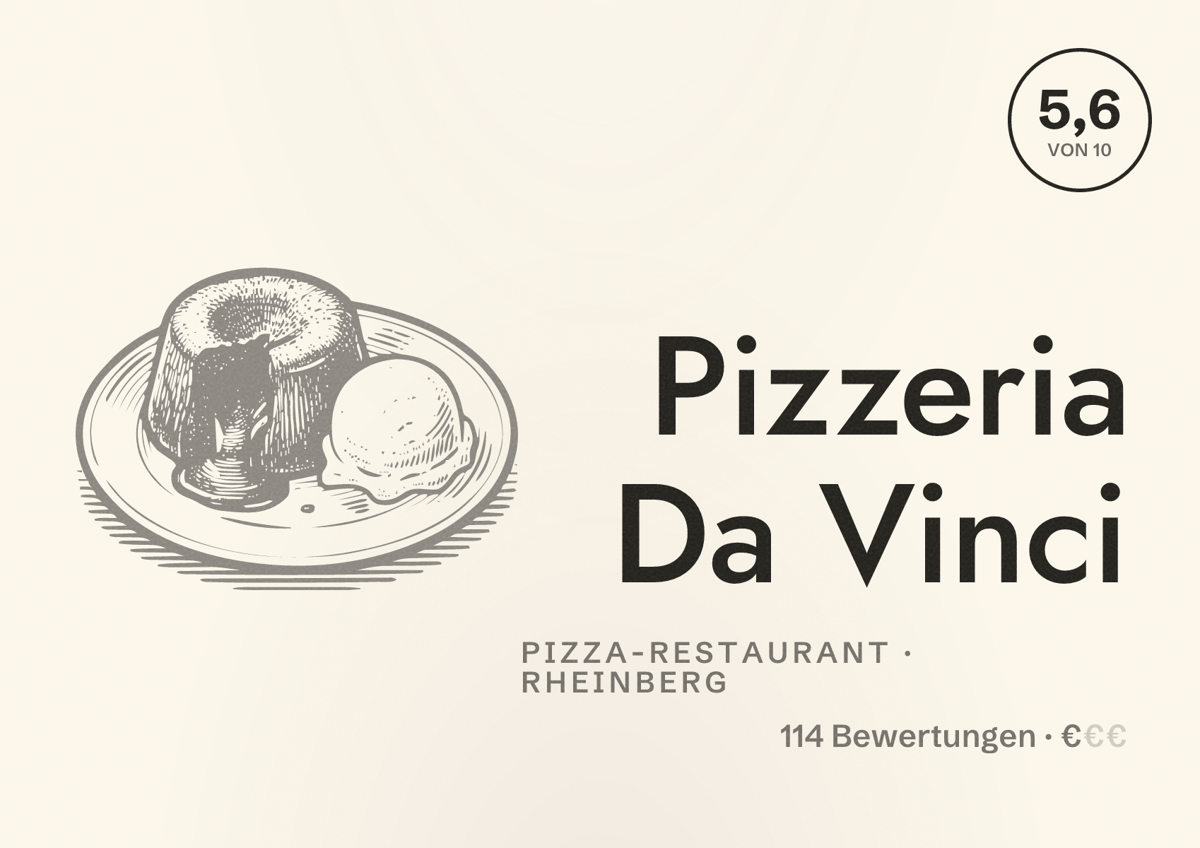 Illustriertes Poster von Pizzeria Da Vinci, Pizza-Restaurant in Rheinberg: Bewertung 5,6 von 10 aus 114 Bewertungen, Preisniveau €