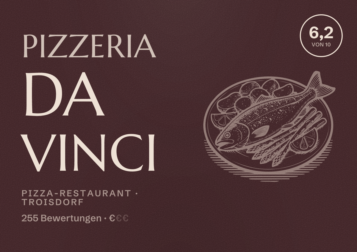 Illustriertes Poster von Pizzeria Da Vinci, Pizza-Restaurant in Troisdorf: Bewertung 6,2 von 10 aus 255 Bewertungen, Preisniveau €