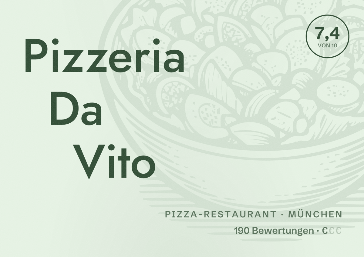 Illustriertes Poster von Pizzeria Da Vito, Pizza-Restaurant in München: Bewertung 7,4 von 10 aus 190 Bewertungen, Preisniveau €