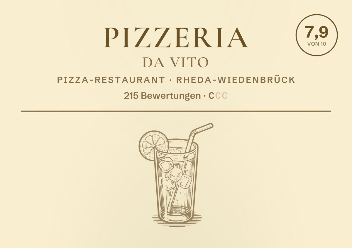 Illustriertes Poster von Pizzeria Da Vito, Pizza-Restaurant in Rheda-Wiedenbrück: Bewertung 7,9 von 10 aus 215 Bewertungen, Preisniveau €