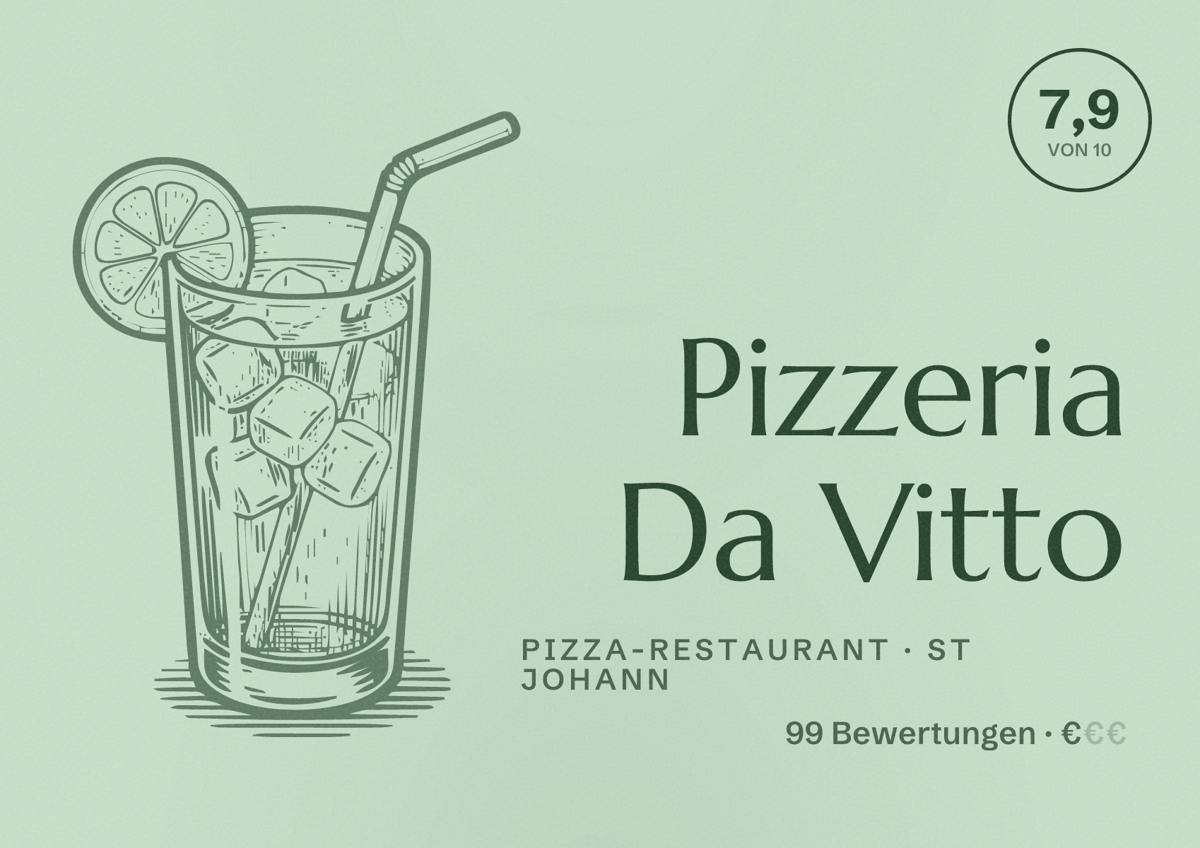 Illustriertes Poster von Pizzeria Da Vitto, Pizza-Restaurant in St Johann: Bewertung 7,9 von 10 aus 99 Bewertungen, Preisniveau €
