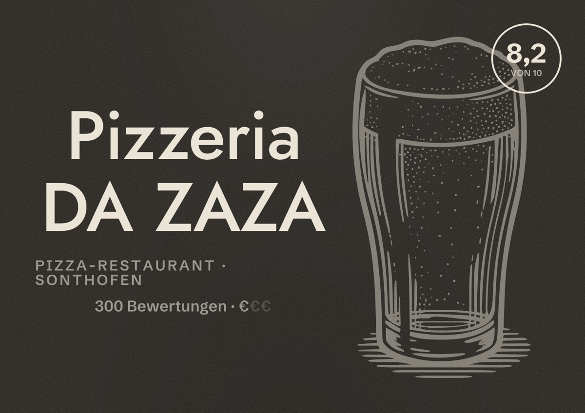 Illustriertes Poster von Pizzeria DA ZAZA, Pizza-Restaurant in Sonthofen: Bewertung 8,2 von 10 aus 300 Bewertungen, Preisniveau €