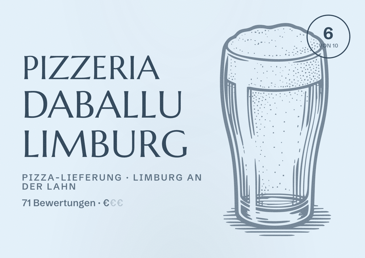 Illustriertes Poster von Pizzeria DaBallu Limburg, Pizza-Lieferung in Limburg an der Lahn: Bewertung 6 von 10 aus 71 Bewertungen, Preisniveau €