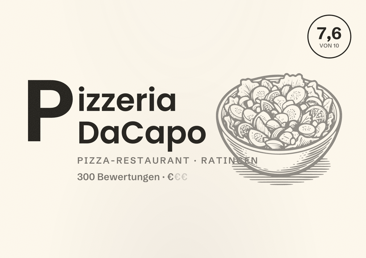 Illustriertes Poster von Pizzeria DaCapo, Pizza-Restaurant in Ratingen: Bewertung 7,6 von 10 aus 300 Bewertungen, Preisniveau €