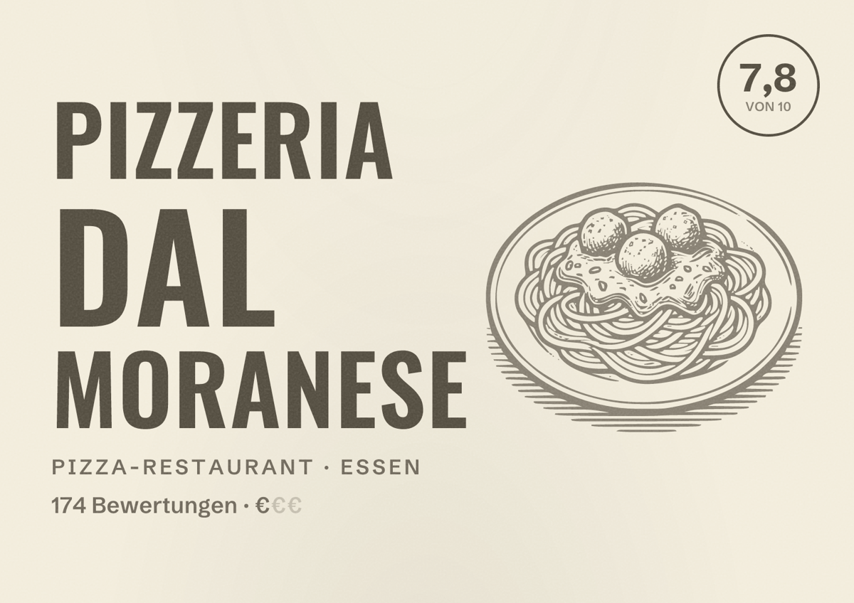 Illustriertes Poster von Pizzeria Dal Moranese, Pizza-Restaurant in Essen: Bewertung 7,8 von 10 aus 174 Bewertungen, Preisniveau €