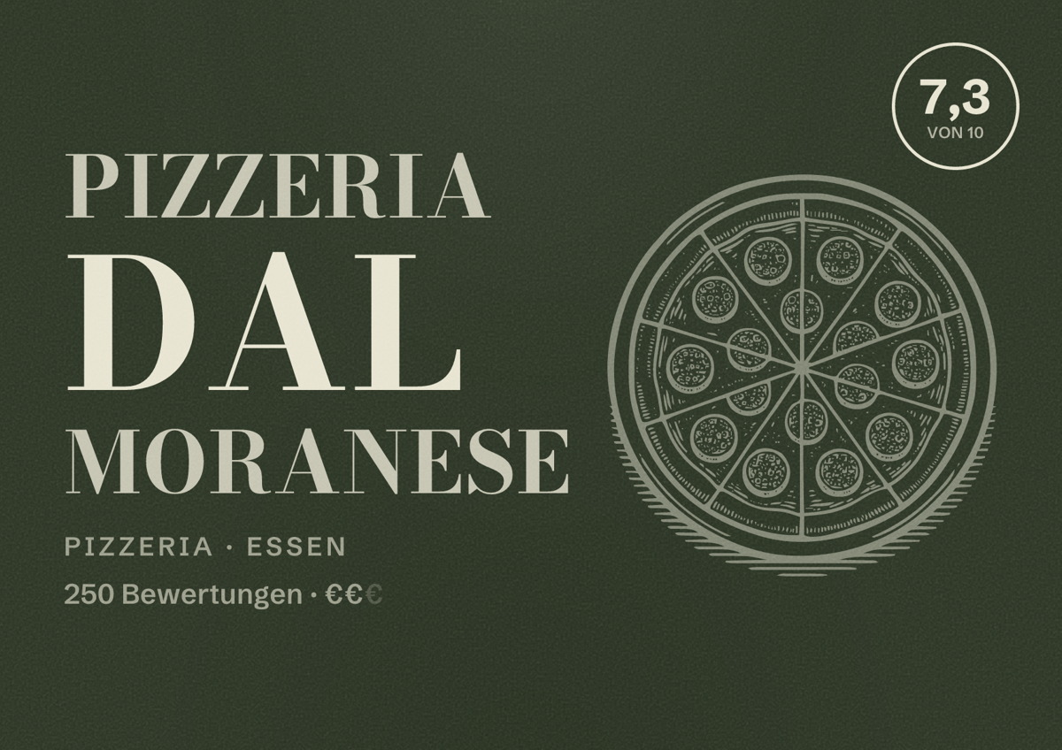 Illustriertes Poster von Pizzeria Dal Moranese, Pizzeria in Essen: Bewertung 7,3 von 10 aus 250 Bewertungen, Preisniveau €€