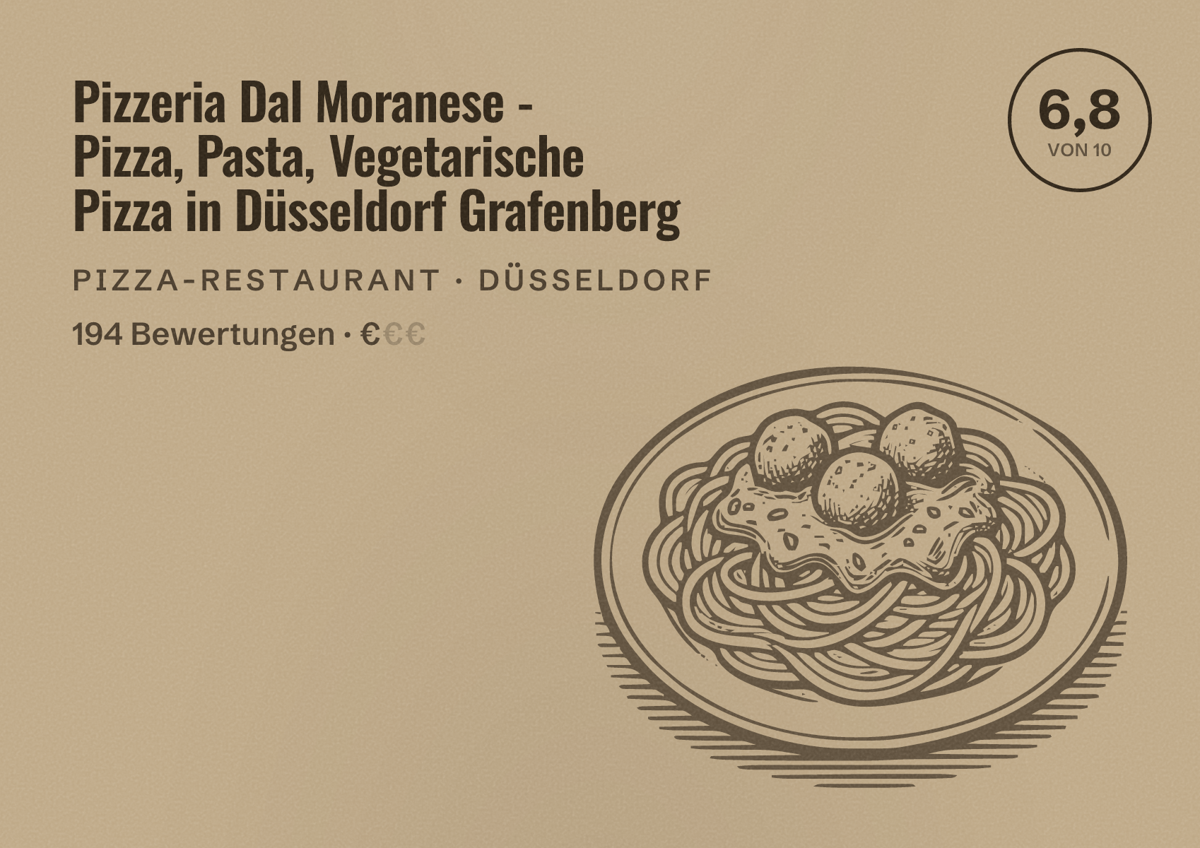Illustriertes Poster von Pizzeria Dal Moranese - Pizza, Pasta, Vegetarische Pizza in Düsseldorf Grafenberg, Pizza-Restaurant in Düsseldorf: Bewertung 6,8 von 10 aus 194 Bewertungen, Preisniveau €