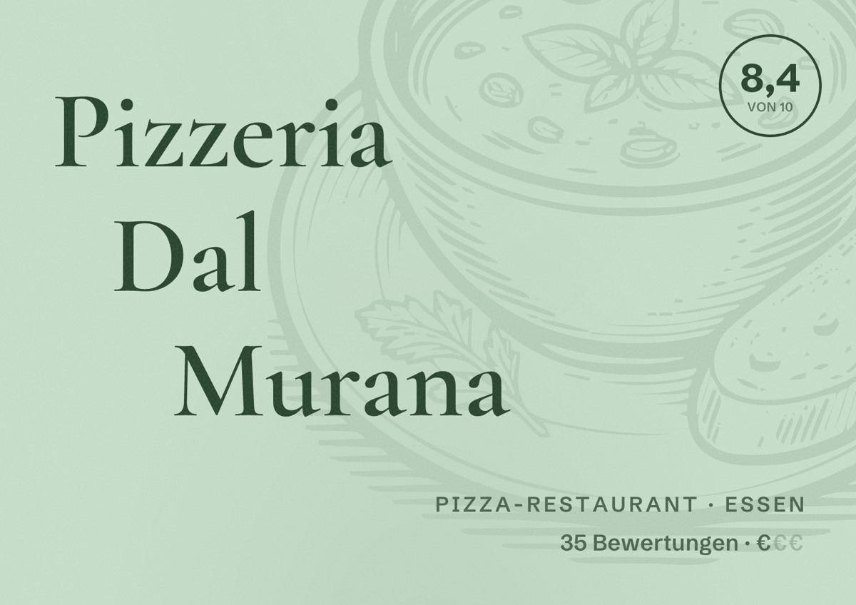 Illustriertes Poster von Pizzeria Dal Murana, Pizza-Restaurant in Essen: Bewertung 8,4 von 10 aus 35 Bewertungen, Preisniveau €
