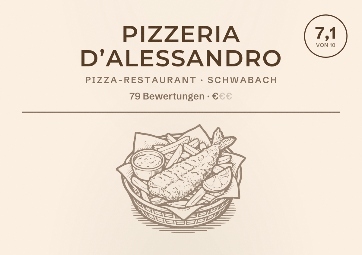 Illustriertes Poster von PIZZERIA D’Alessandro, Pizza-Restaurant in Schwabach: Bewertung 7,1 von 10 aus 79 Bewertungen, Preisniveau €