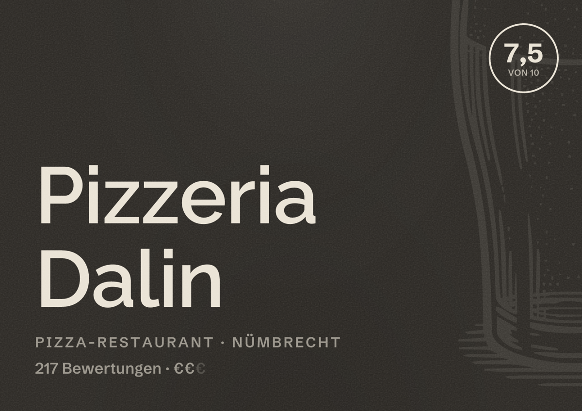 Illustriertes Poster von Pizzeria Dalin, Pizza-Restaurant in Nümbrecht: Bewertung 7,5 von 10 aus 217 Bewertungen, Preisniveau €€