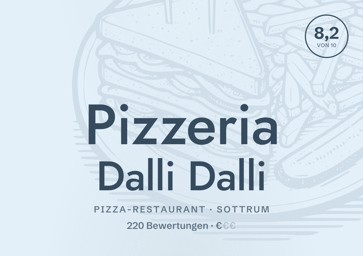 Illustriertes Poster von Pizzeria Dalli Dalli, Pizza-Restaurant in Sottrum: Bewertung 8,2 von 10 aus 220 Bewertungen, Preisniveau €