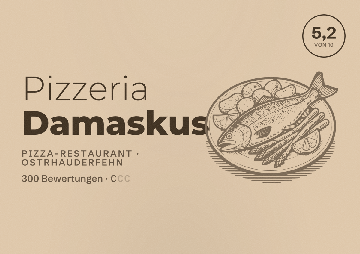 Illustriertes Poster von Pizzeria Damaskus, Pizza-Restaurant in Ostrhauderfehn: Bewertung 5,2 von 10 aus 300 Bewertungen, Preisniveau €