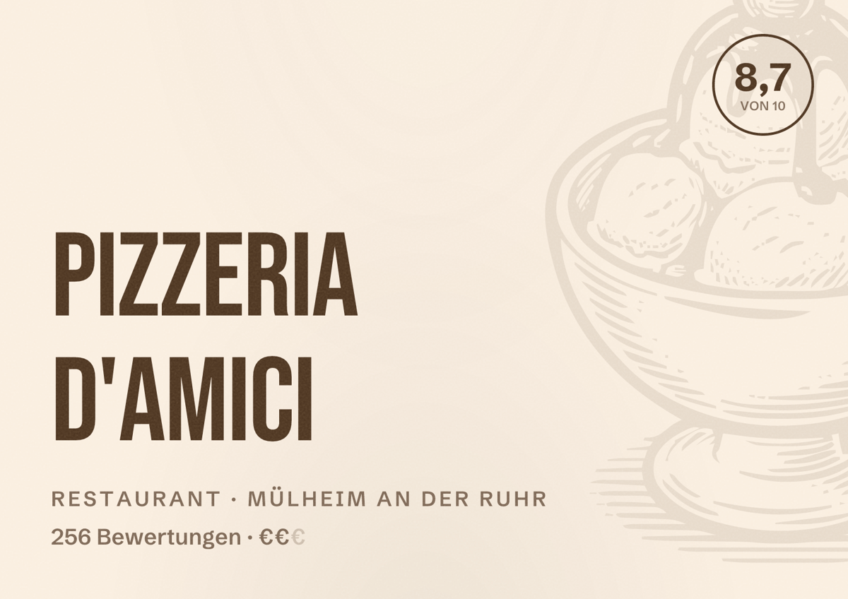 Illustriertes Poster von Pizzeria D'amici, Restaurant in Mülheim an der Ruhr: Bewertung 8,7 von 10 aus 256 Bewertungen, Preisniveau €€