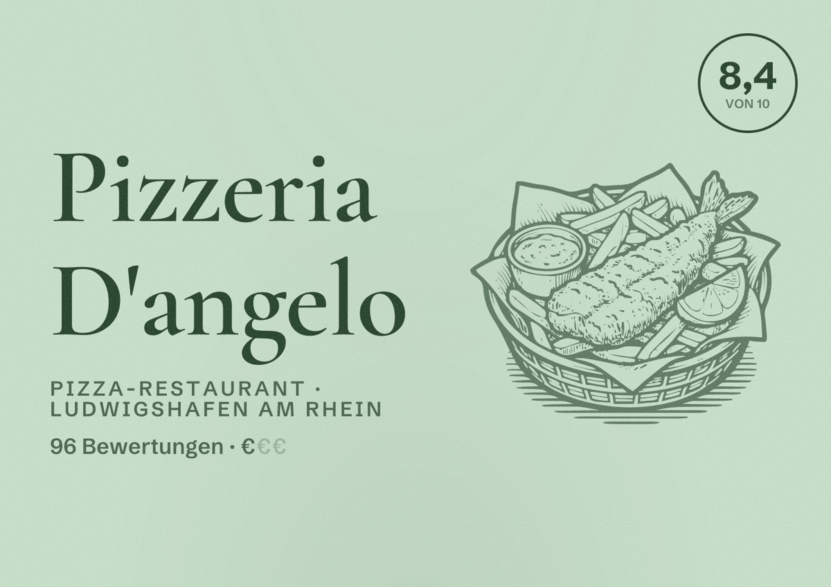 Illustriertes Poster von Pizzeria D'angelo, Pizza-Restaurant in Ludwigshafen am Rhein: Bewertung 8,4 von 10 aus 96 Bewertungen, Preisniveau €