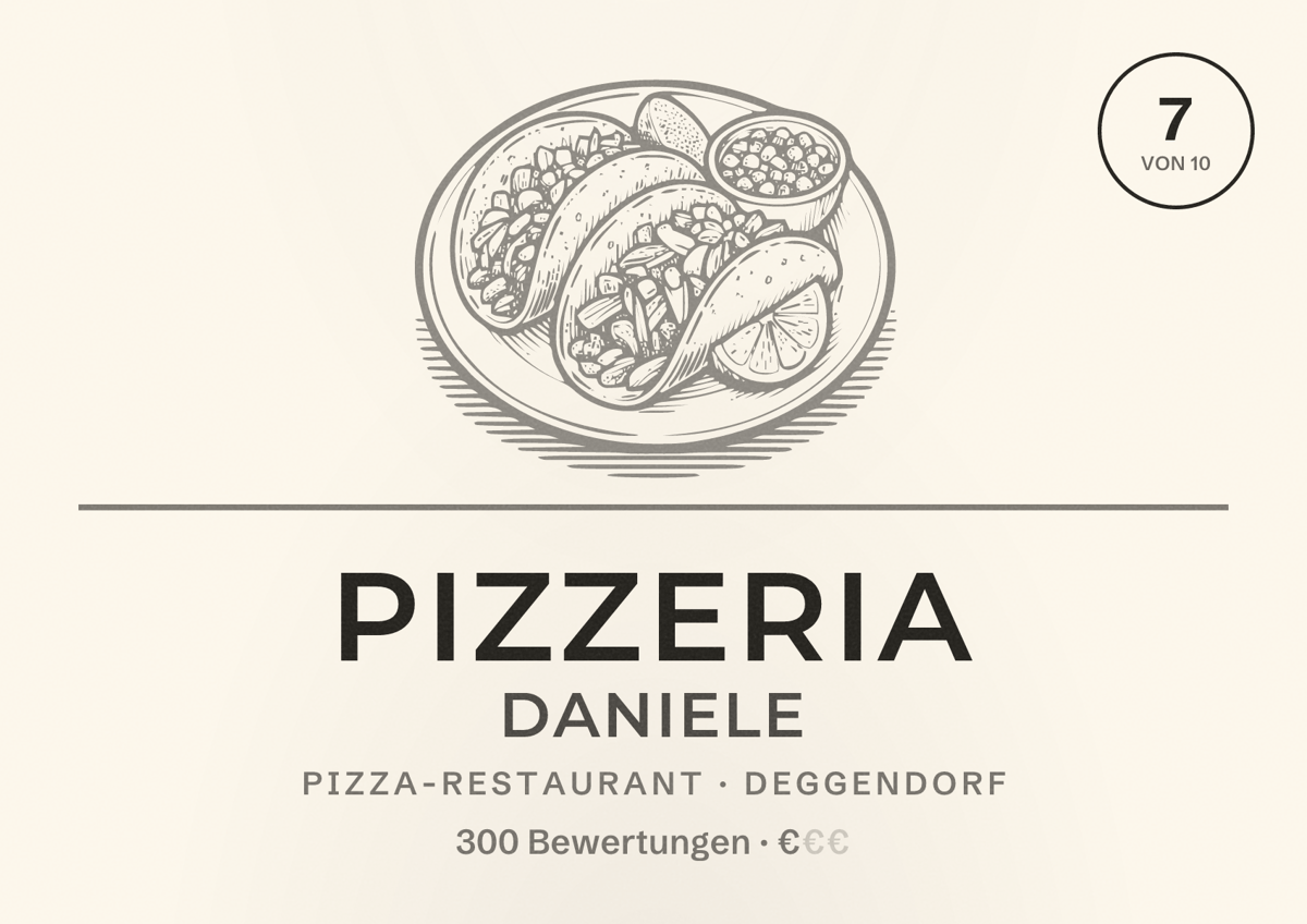 Illustriertes Poster von Pizzeria Daniele, Pizza-Restaurant in Deggendorf: Bewertung 7 von 10 aus 300 Bewertungen, Preisniveau €