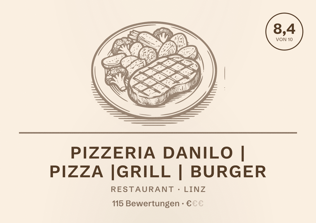 Illustriertes Poster von Pizzeria Danilo | Pizza |Grill | Burger, Restaurant in Linz: Bewertung 8,4 von 10 aus 115 Bewertungen, Preisniveau €