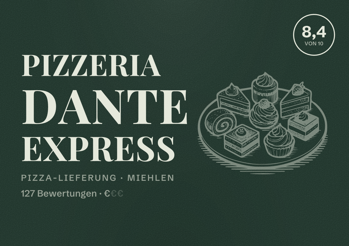 Illustriertes Poster von Pizzeria Dante Express, Pizza-Lieferung in Miehlen: Bewertung 8,4 von 10 aus 127 Bewertungen, Preisniveau €