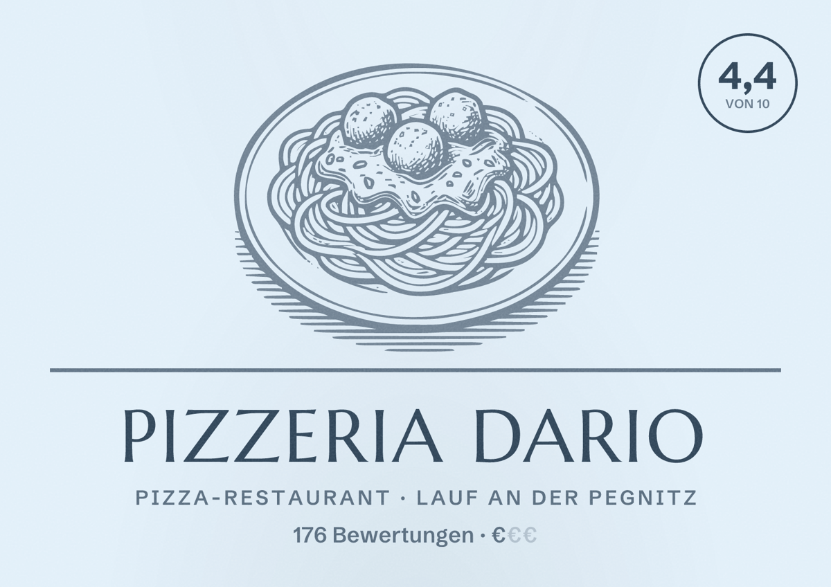 Illustriertes Poster von Pizzeria Dario, Pizza-Restaurant in Lauf an der Pegnitz: Bewertung 4,4 von 10 aus 176 Bewertungen, Preisniveau €