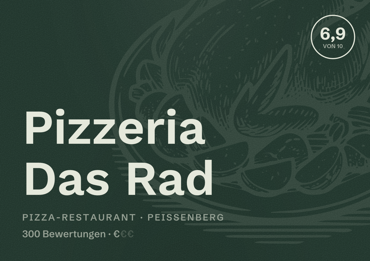 Illustriertes Poster von Pizzeria Das Rad, Pizza-Restaurant in Peißenberg: Bewertung 6,9 von 10 aus 300 Bewertungen, Preisniveau €