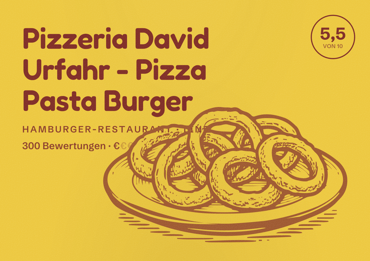 Illustriertes Poster von Pizzeria David Urfahr - Pizza Pasta Burger, Hamburger-Restaurant in Linz: Bewertung 5,5 von 10 aus 300 Bewertungen, Preisniveau €