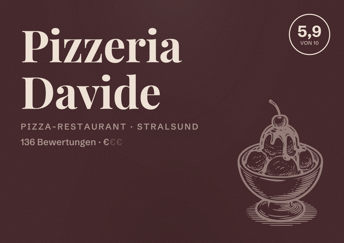 Illustriertes Poster von Pizzeria Davide, Pizza-Restaurant in Stralsund: Bewertung 5,9 von 10 aus 136 Bewertungen, Preisniveau €