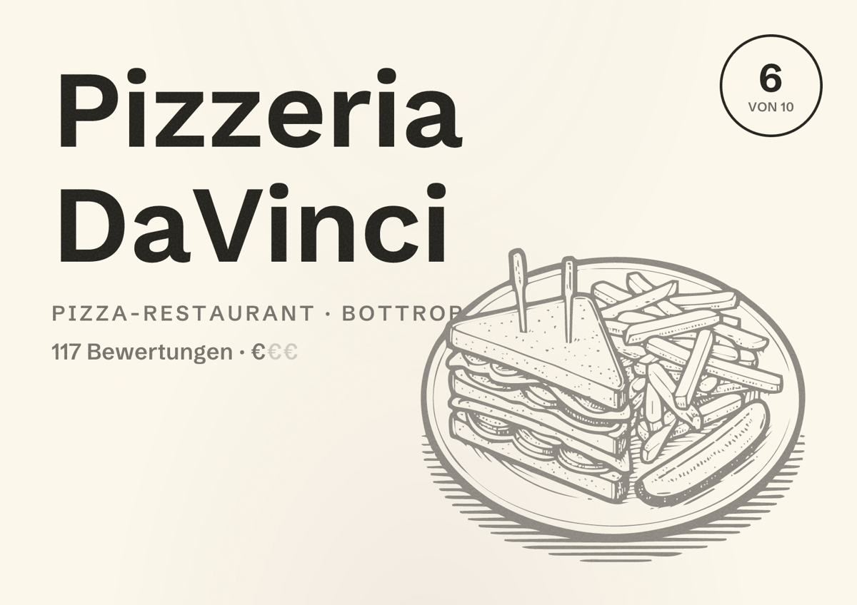 Illustriertes Poster von Pizzeria DaVinci, Pizza-Restaurant in Bottrop: Bewertung 6 von 10 aus 117 Bewertungen, Preisniveau €