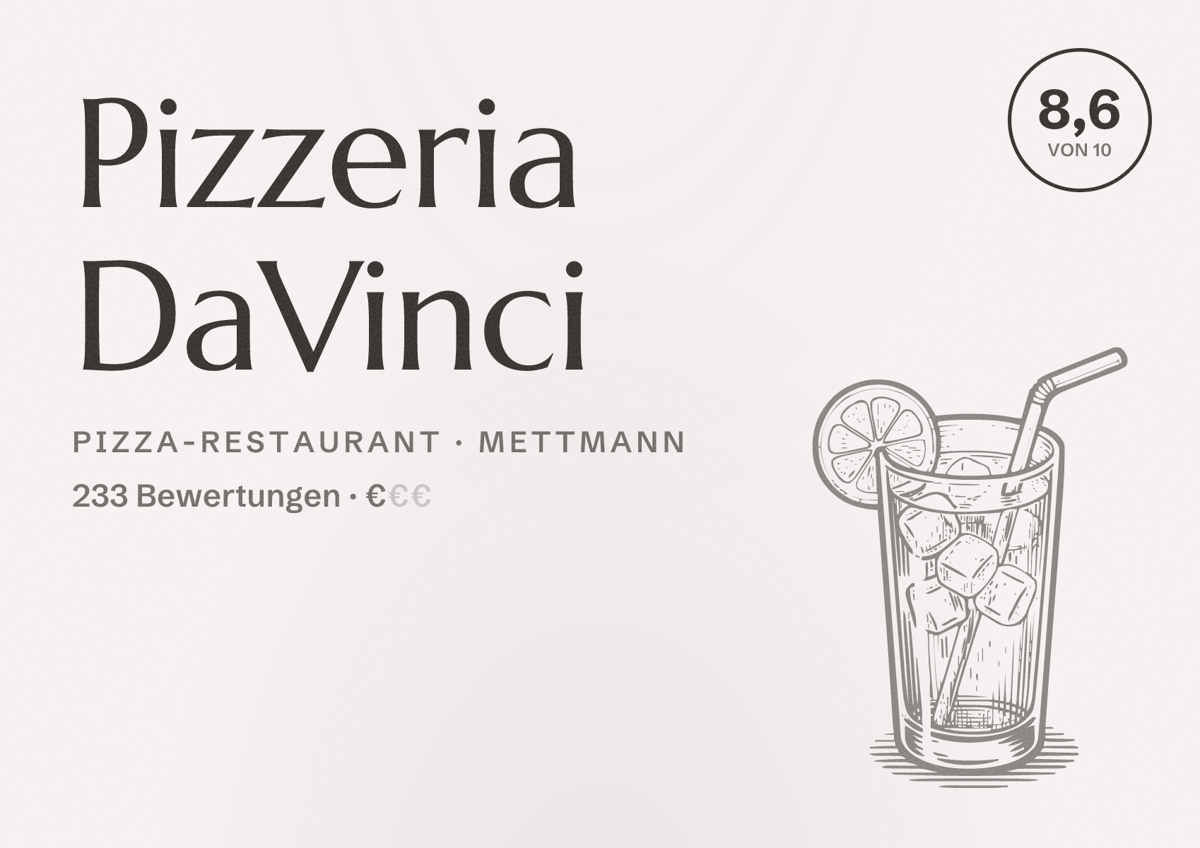Illustriertes Poster von Pizzeria DaVinci, Pizza-Restaurant in Mettmann: Bewertung 8,6 von 10 aus 233 Bewertungen, Preisniveau €