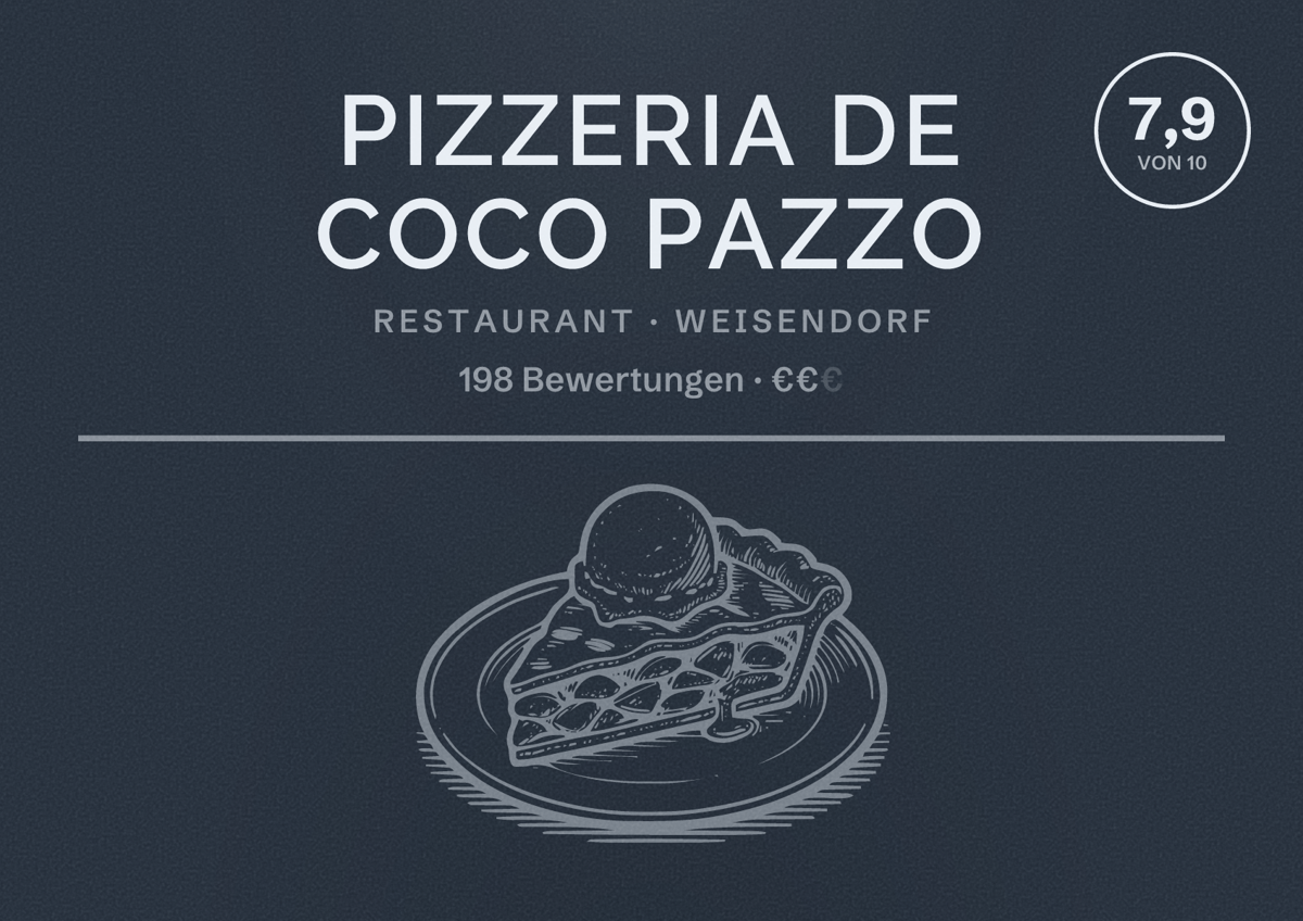Illustriertes Poster von Pizzeria de Coco Pazzo, Restaurant in Weisendorf: Bewertung 7,9 von 10 aus 198 Bewertungen, Preisniveau €€