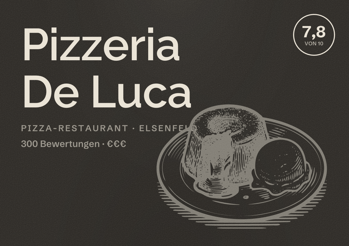 Illustriertes Poster von Pizzeria De Luca, Pizza-Restaurant in Elsenfeld: Bewertung 7,8 von 10 aus 300 Bewertungen, Preisniveau €€€