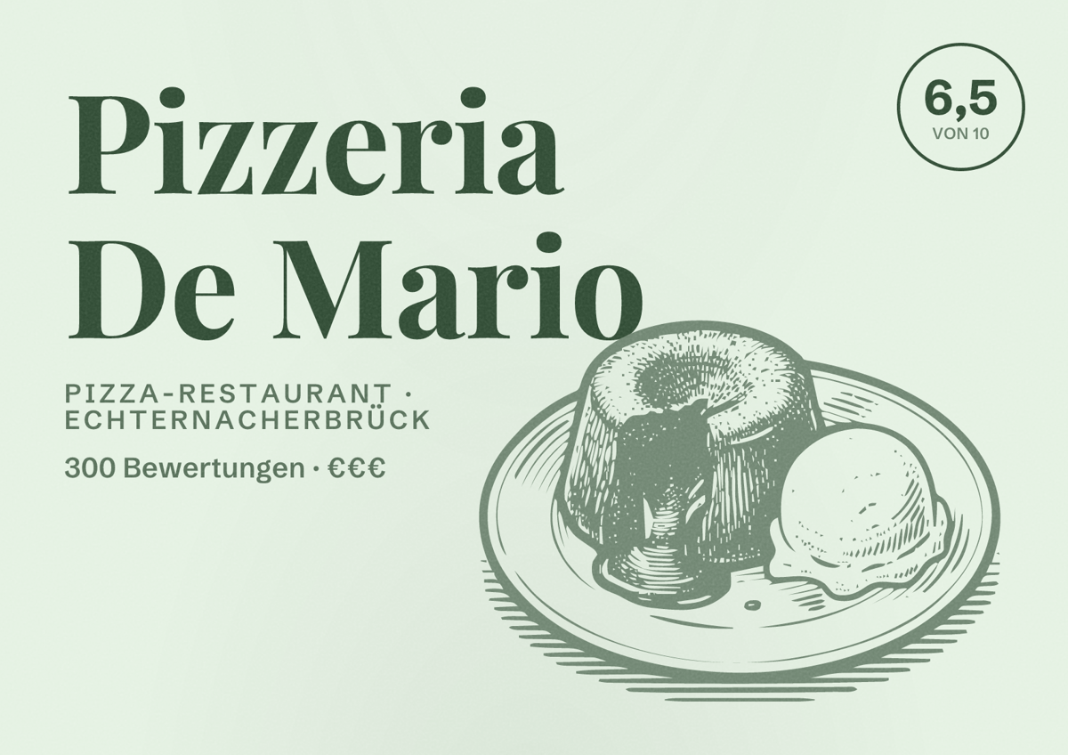 Illustriertes Poster von Pizzeria De Mario, Pizza-Restaurant in Echternacherbrück: Bewertung 6,5 von 10 aus 300 Bewertungen, Preisniveau €€€