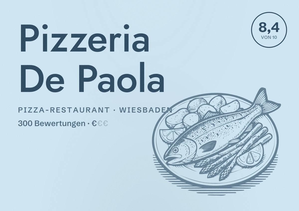 Illustriertes Poster von Pizzeria De Paola, Pizza-Restaurant in Wiesbaden: Bewertung 8,4 von 10 aus 300 Bewertungen, Preisniveau €